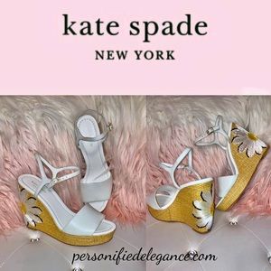 NEW RARE Kate Spade White Leather Woven Ankle Strap Floral Wedge Sandals Sz 10M